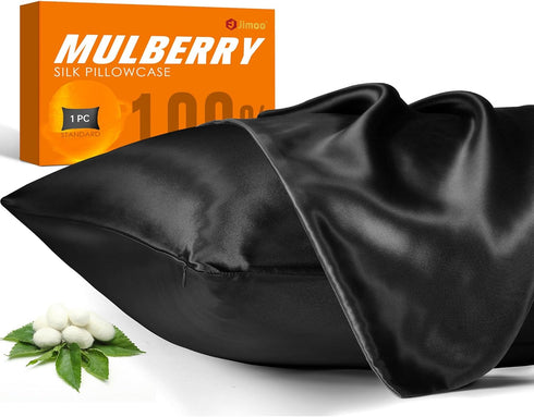 100% Mulberry Silk Pillowcase for Hair and Skin, 22 Momme Pure Natural Silk Pillow Case Both Sided with Zipper, Pillow Cover for Women Mom Men (Bl...