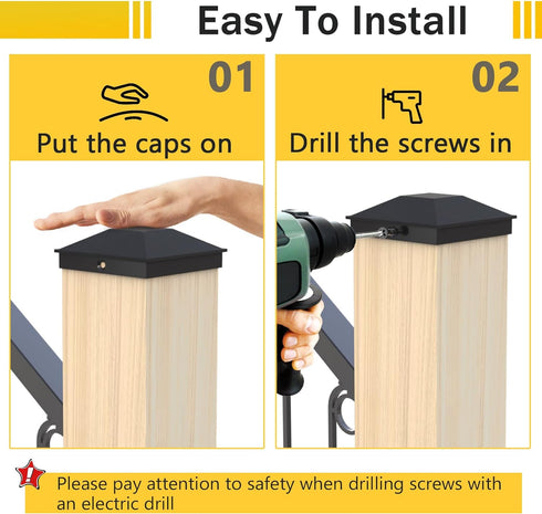 4x4 Post Caps Black(Actual 3.5" x 3.5"), 8 Pack Fence Post Caps with 16 Screws and Easy Installation, Sturdy Waterproof Plastic Deck Post Caps wit...
