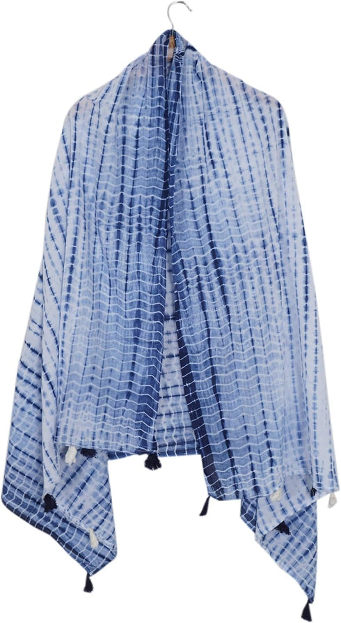 Cotton Scarf for Women Lightweight Floral Printed Scarf Fall Winter Fashion Fringed Shawl, White With Blue...