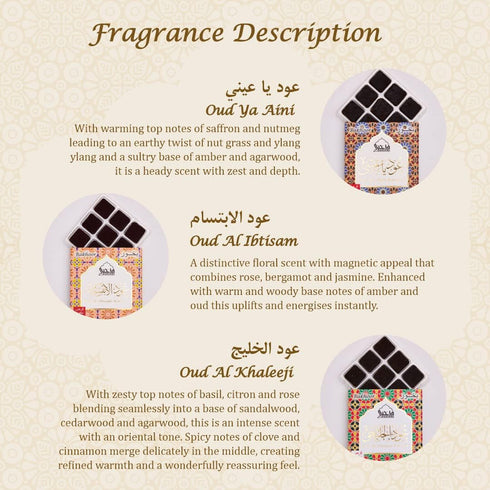Oud Ya Aini, Oud Al Khaleeji, Oud Al Ibtisam Bakhoor by Dukhni | 3 x 9 Piece Each | Assorted Arabic Bakhoor Incense | Perfect to Relax, Meditate &...