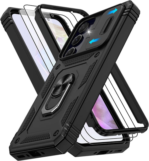 for Samsung Galaxy A35 5G Case with Slide Camera Cover & Screen Protector*2, A35-Case Build in 360° Rotating Ring Kickstand, Military Grade Protec...