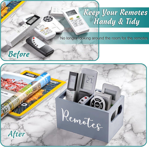 Remote Control Holder, TV Remote Holder with 2 Slots, Remote Organizer Caddy for Table, Wooden Remote Box for Nightstand, Gray...