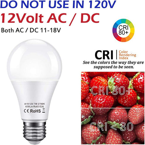 12V LED Light Bulb 60Watt Equivalen E26 7W 630Lm 12 Volt Low Voltage Lights AC/DC 11-18V A19-12volt RV Marine Boat Landscape Lighting- 6 Pack(2700...