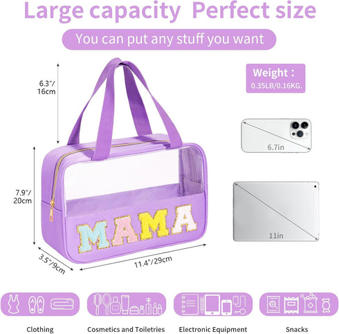 Chenille Letter Patch Clear Makeup Bag, Preppy Nylon Makeup Bag with Handle and Zipper, Waterproof Large Clear Travel Toiletry Bag Storage Bag for...