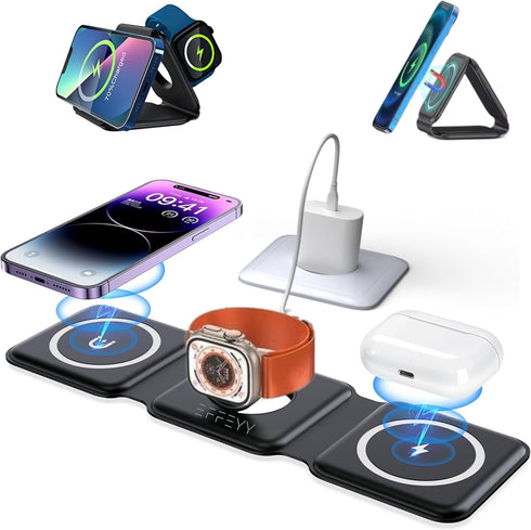 3-in-1 Foldable Magnetic Fast Charging Pad | MagSafe Wireless Travel Charger for Multiple Apple Products | iPhone 15/14/13/12/11 Plus Pro Max | iW...