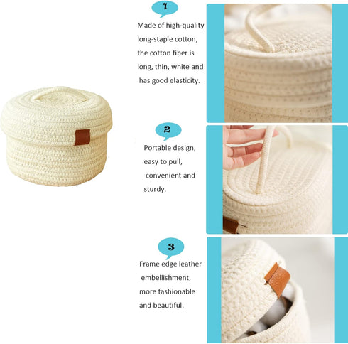 Small Storage Basket-Natural Cotton Rope Woven Baskets for Organizing Cute Basket for Home Decor,Bedside Bathroom Organization Bin (White with Lid...