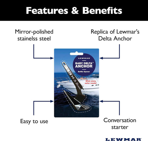 Lewmar Baby Delta Anchor Bottle Opener, 5-1/4" L x 2" W x 1-1/2" H Mirror-Polished Stainless Steel, Boat Galley Gift, Novelty Replica...