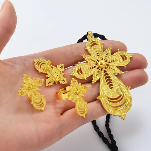 Ethiopian Jewelry Sets Cross Pendant Necklaces Earrings Rings African Eritrean Wedding Accessories, Ethiopia Eritrea Ethnic Jewelry Sets with Cros...