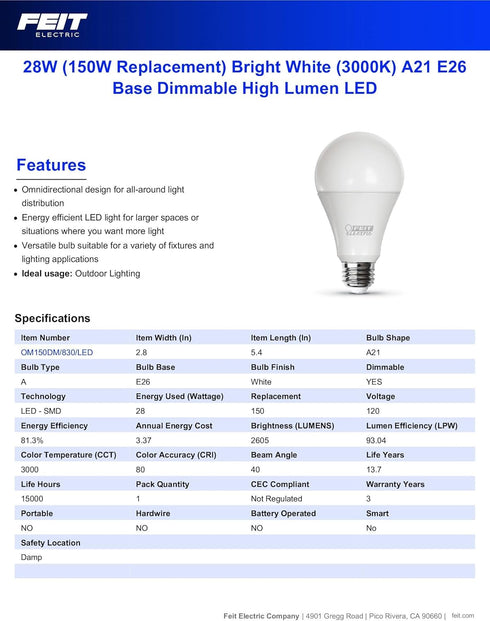 Feit Electric A21 LED Light Bulb, 150W Equivalent, Dimmable, 2605 Lumens, E26 Standard Base, 3000K Bright White, 80 CRI, High Output LED Light Bul...