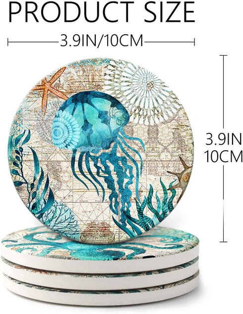 Absorbent Coasters Stone Coaster Set of 8, Cork Base, with Holder, RayPard Beach Theme Sea Life Coastal Coasters for Housewarming Apartment Kitche...