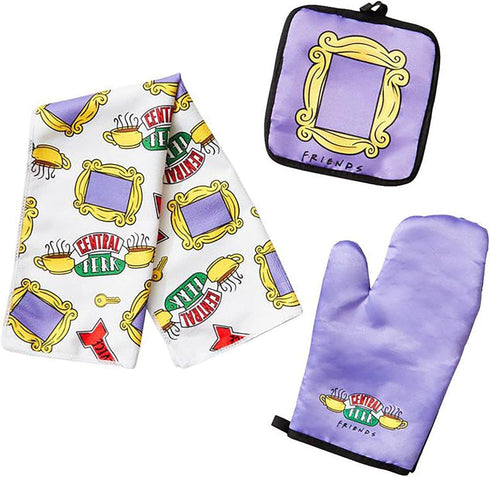 Silver Buffalo Friends Central Perk Logo Yellow Frame Pattern Oven Mitt, Trivet Mat Pot Holder, and Kitchen Dish Rag Towel Set, 3 Piece...