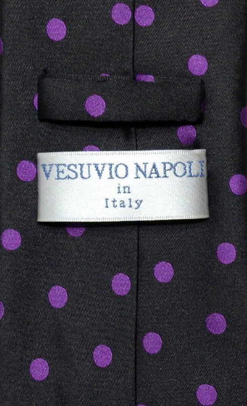 Vesuvio Napoli NeckTie BLACK w/PURPLE Polka Dots Design Men's Neck Tie...