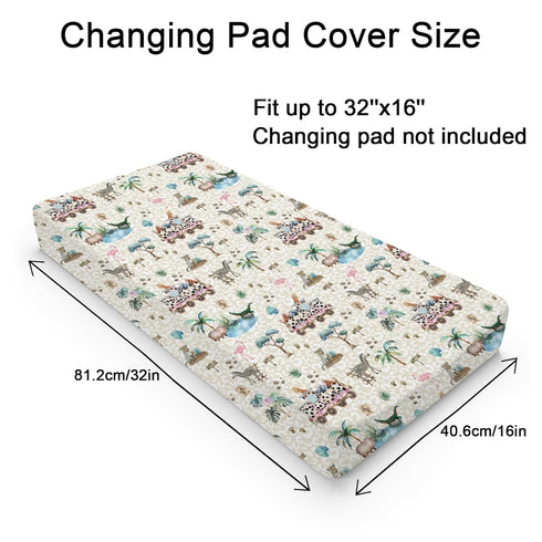 Baby Zoo Safari Animals Train Changing Pad Covers Leopard Giraffe Zebra Hippo Flamingo Tropical Leaves Baby Changing Table Pad Sheet for Boy Girl ...