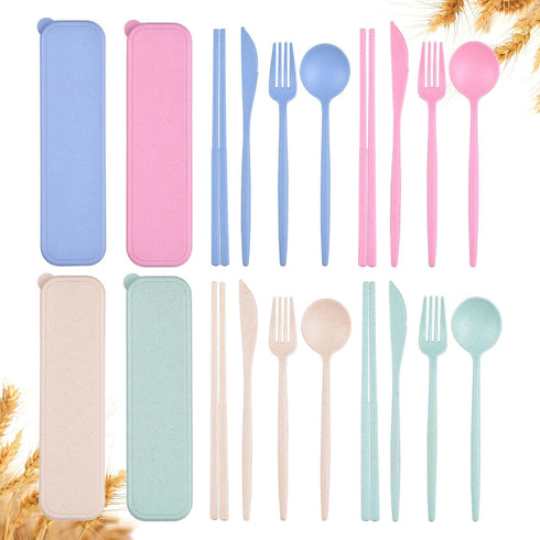 4 Sets Travel Utensils with Case, Reusable Utensils Set with Case, Wheat Straw Travel Chopsticks Knife Spoon and Fork Set, Portable Utensils Set w...