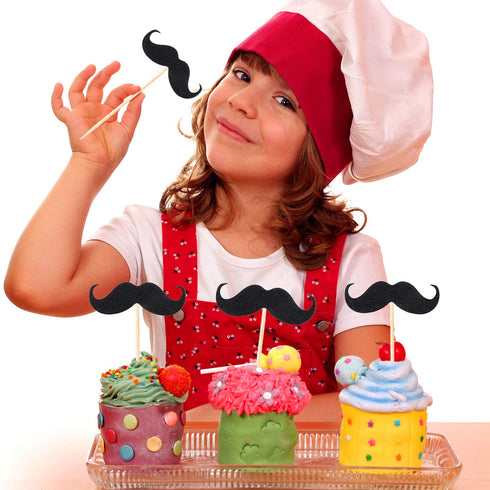 50 Pieces Mustache Cupcake Toppers Mustache Birthday Cake Topper Black Glitter Mustache Dessert Toppers for Baby Shower Kid's Birthday Party Decor...