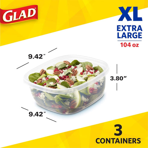 GladWare Family Size Food Storage Containers, XL | Large Square Food Storage, Containers Hold up to 104 Ounces of Food, Large Set 3 Count Food Con...