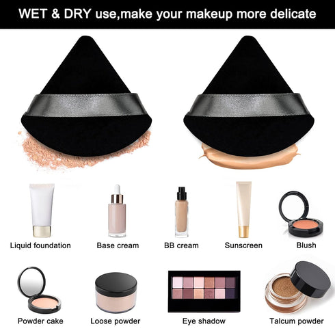 12 Pieces Black Cosmetic Powder Puff,2.76 inch Portable Soft Sponge Setting Face Puffs,Triangle Velvet Powder Puff with Ribbon Band Handle for Loo...