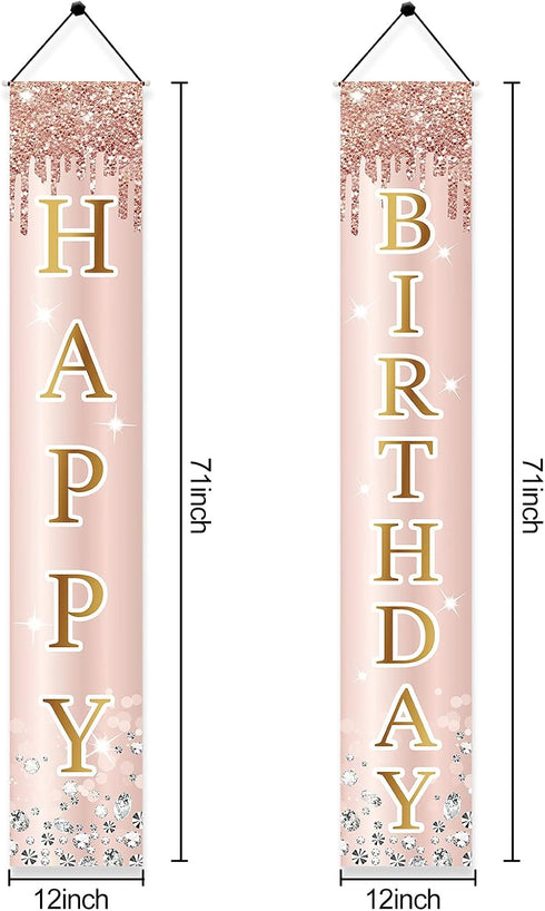 Pink Rose Gold Happy Birthday Door Banner Decorations, Birthday Party Porch Sign Supplies for Women Girls, Sweet 16th 21st 30th 40th 50th 60th Bir...