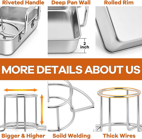 Roasting Pan with Beer Can Chicken Holder, Joyfair 9-inch Stainless Steel Square Baking Pans & Roaster Grill Racks, Great for Baking Oven BBQ Gril...