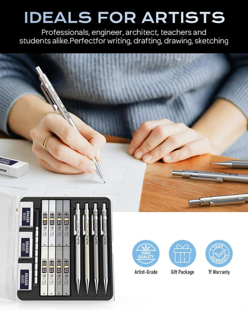 Nicpro 4 Pack 0.5mm Mechanical Pencil Set with Case, Metal Mechanical Pencil Drafting Pencil Lead 0.5mm for Artist Writing, Sketching, Drawing, 8 ...