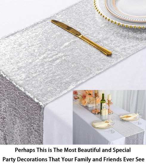 ShinyBeauty Tassel Silver Sequin Dresser Scarves or Table Runner, 12x72 Inch Elegant Wedding Event Decoration...