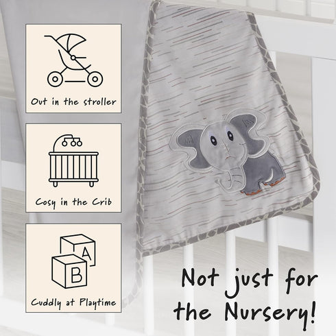 Baby Blanket | Unisex | Super Soft | with Elephant Embroidery on Blanket, Part of Jungle Animal Safari Nursery Collection Gray/Multicoloured, 30x4...