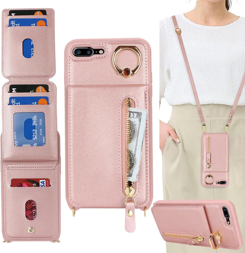 iPhone 7 Plus/8 Plus Case with Card Holder for Women, iPhone 7 Plus/8 Plus Phone Case Wallet with Strap Credit Card Slots Crossbody Zipper Case fo...