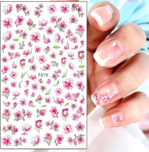 Cherry Blossom Nail Art Stickers, 3D Pink Flowers Nail Self-Adhesive Sticker Deisgns, Spring Red Plum Peach Leaf Dry Floral Nail Art Decals Suppli...
