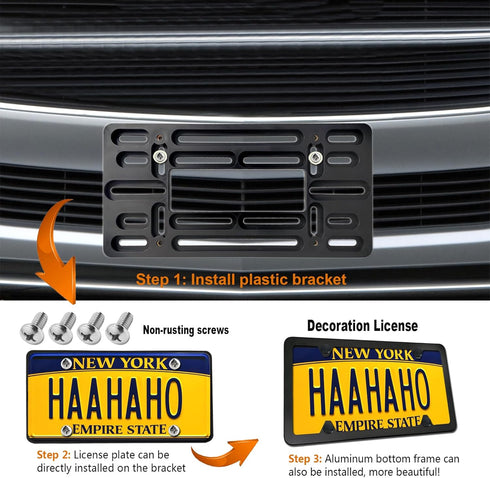 Aootf Front License Plate Mounting Kit- License Plate Bracket & Black Aluminum Car Tag Holder Cover Fit No Drilling Hole Front Bumper, Universal A...