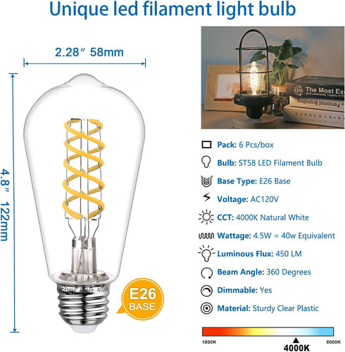 Dimmable ST58 LED Edison Bulbs, 4.5W Equivalent to 40W Vintage Light Bulbs, E26 Base Daylight 4000K ST58/ST19 LED Bulbs, Antique Flexible Spiral L...