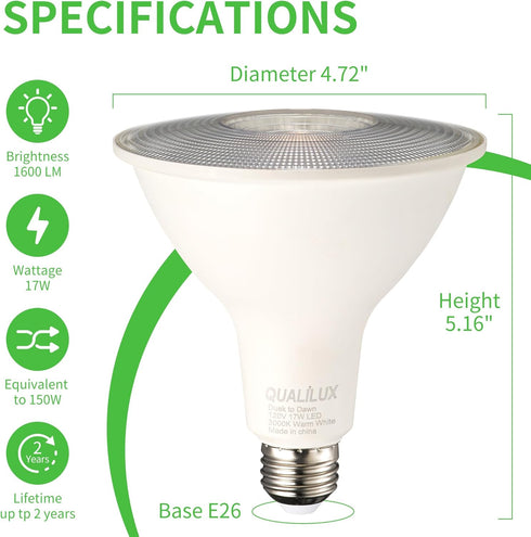 Dusk to Dawn PAR38 LED Light Bulbs, Daylight 5000K, 150W Equivalent, 1700LM, Auto On/Off Light Sensor Bulb, E26, 17W 2 Pack, HQ-H033...