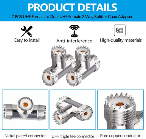 UHF Triple Tee Connector UHF Female to Dual UHF Female 3 Way Splitter Coax Adapter PL259 SO239 T Shape Adapter for Ham Radio CB Antenna 2 Pack...