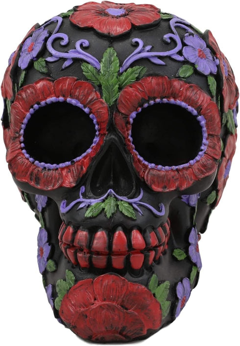 Ebros Black Day of The Dead Floral Blooms Sugar Skull Figurine DOD Skulls Statue 6" Long As Halloween Ossuary Macabre Decor Collectible (Summer Re...