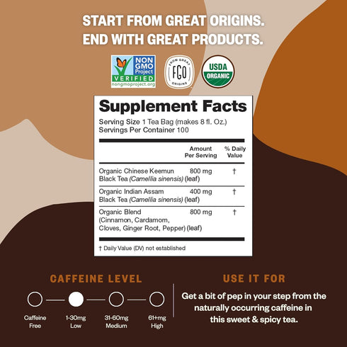 FGO Organic Chai Tea, 100 Count, Eco-Conscious Tea Bags, Resealable Bag, Packaging May Vary (Pack of 1)...