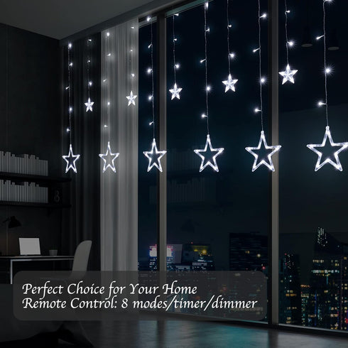 Star Curtain Lights for Bedroom - Plug-in 9ft 138 LED Fairy Twinkle Lights with 12 Star Drops, Connectable Window Lights with Remote 8 Lighting Mo...