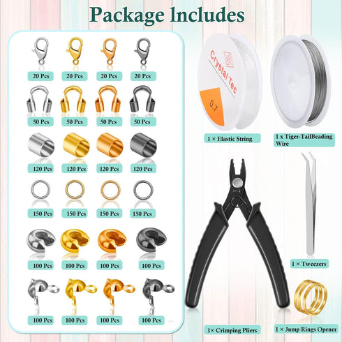 Acejoz 2160 Pieces Crimp Beads Kit for Jewelry Making, Knot Covers, Crimp Bead Covers, Crimp Tubes, Jump Rings and Wire Guardians with Crimping Pl...