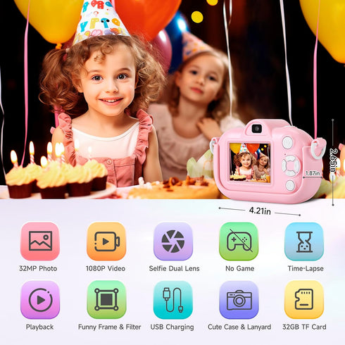 Kids Camera for Toddler Girls Boys Aged 3-9, YEEHAO 32MP Kids Toys Digital Camera 3 4 5 6 7 8 9 Year Old Girls, Children Birthday Gift for Kids, P...