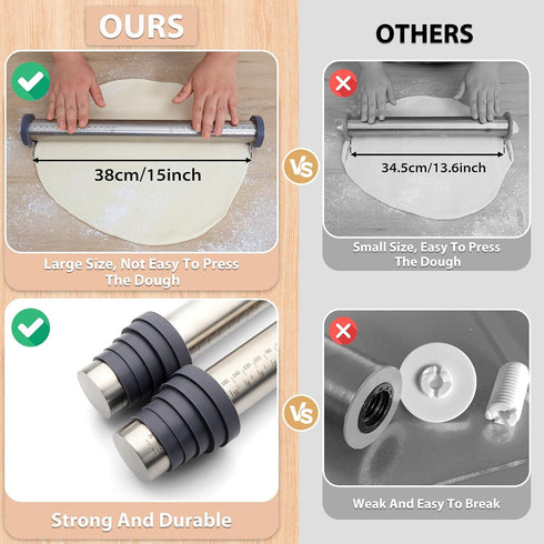 Adjustable Rolling Pin with Thickness Rings for Baking -Non Stick Stainless Steel Dough Roller Pin with Bands for Cookie,Wood,Wooden and Bread (Gr...