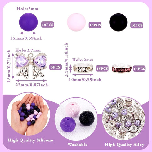 Magibeads 30Pcs 15mm Black and Purple Round Silicone Focal Beads Keychain Making Kit with Bowknot Rhinestone Spacer Beads for Crafts DIY Beadable ...