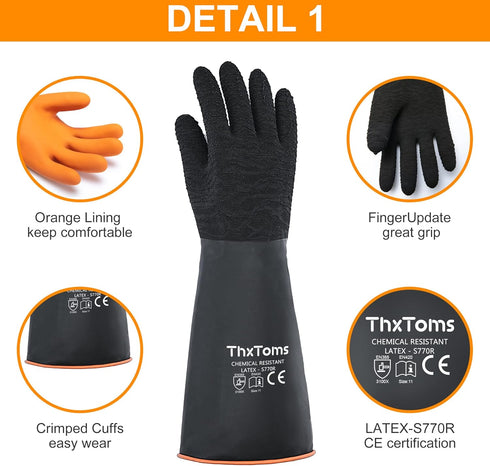 ThxToms Heavy Duty Rubber Gloves, Versatile Latex Chemical Resistant Gloves, Upgraded with Anti-Slip Design, Soft and Thick, 18" 1 Pair...