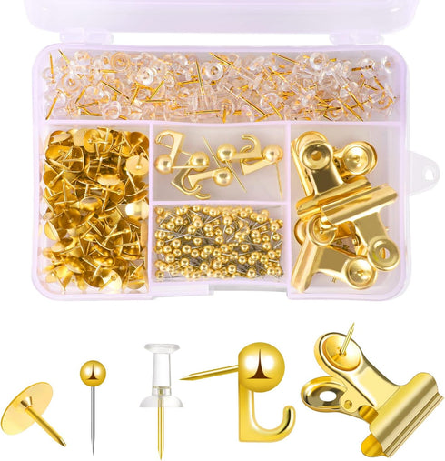 310 Pcs Gold Push Pins Set, Gold Thumb Tacks Decorative Push Pins for Cork Board with Push Pin Hook Pushpin Clip 5 Style Gold Office Accessories f...