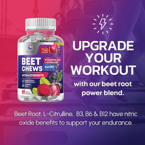 Beet Chews - Soft Beet Root Chewables with Grape Seed Extract Supports Heart Health & Energy with Powerful Antioxidants - Beetroot Nitric Oxide Su...