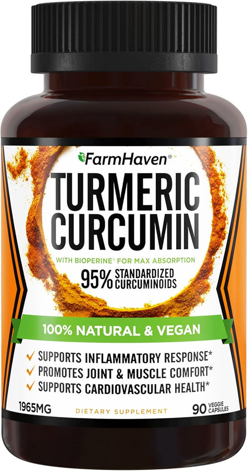 Turmeric Curcumin with BioPerine Black Pepper & 95% Curcuminoids, 1965mg, Maximum Absorption for Joint Support, Non-GMO Turmeric Capsules, Made in...