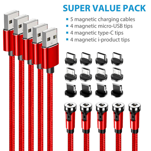 Terasako Magnetic Charging Cable 5-Pack (3/3/6/6/10FT) - 540° Rotating Magnetic Phone Charger Cable with LED Light - 90° Angle Connector, Nylon-Br...