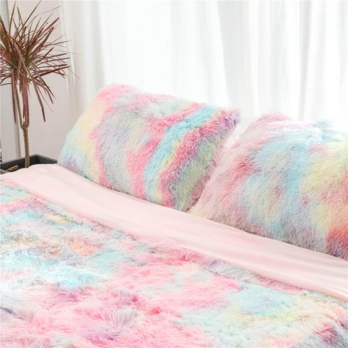 Plush Standard/Queen Pillowcase 2 Pack Rainbow Tie Dye Super Soft Fluffy Faux Fur Shaggy Pillow Cases/Covers Girls Cute Decorative Throw Pillow Sh...