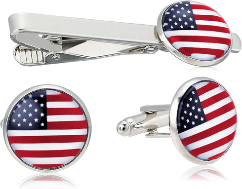 American Flag USA Tie Bar Clip and Cufflinks Set - Silver Colored Metal Plated - Luxury Clothing Accessories...