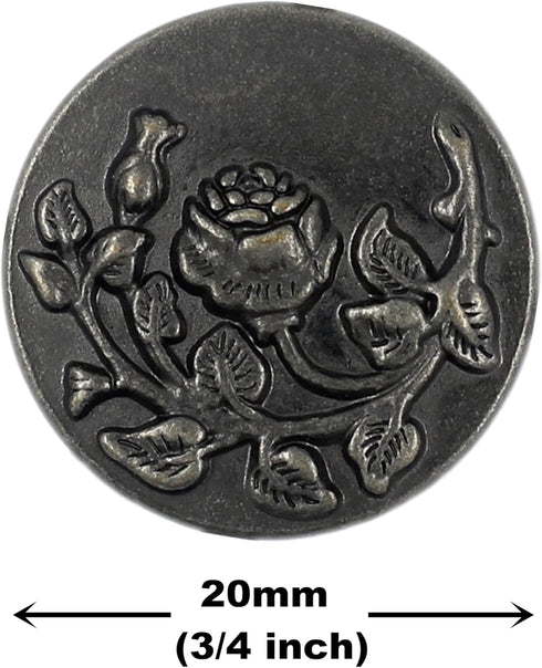 Bezelry 12 Pieces Rose and Vine Metal Shank Buttons. 20mm (3/4 inch) (Gray Silver)...