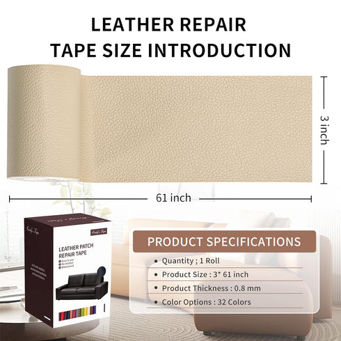 Leather Repair Patch Tape, Light Beige 3 x 61 Inches Self Adhesive Leather Repair Kit for Furniture, Car Seat,Vinyl Leather Repair Kit for Office ...