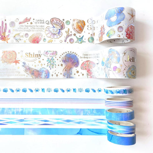 Ocean Washi Tape Set 2+5 Roll, Beach Themed Silver Foil Aesthetic Stickers Scrapbook Tape, Blue Washi Tape for journaling, Junk Journal Supplies, ...