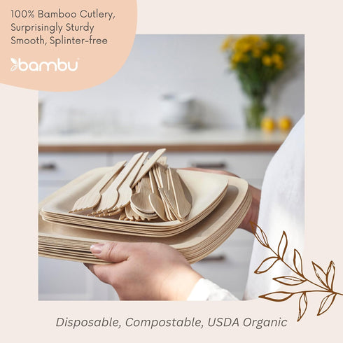Bambu, Disposable Bamboo Utensils, Set of 100% Organic Biodegradable and Compostable Knives, Forks and Spoons for Weddings, Parties, Picnics, Even...